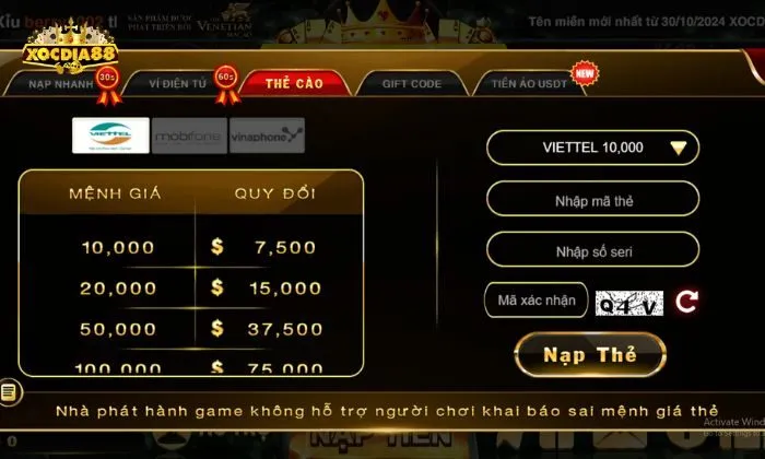 Nạp tiền Xocdia88 Nạp tiền Xocdia88 qua thẻ cào